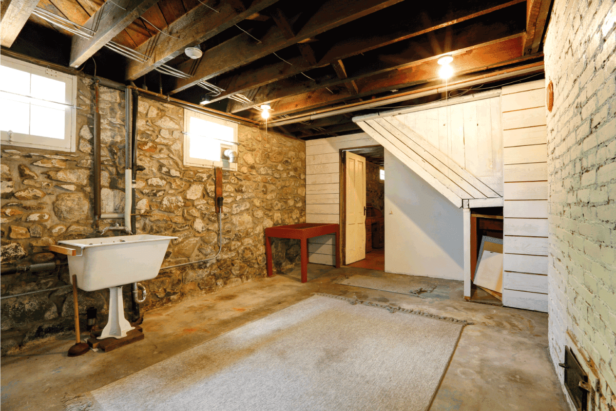 Basement room with stone trim walls