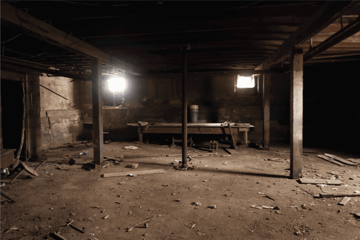 Dark basement of an abandoned building. Natural light.