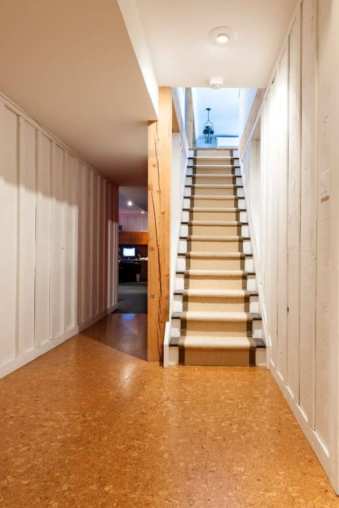 A narrow basement stair with a runway carpet