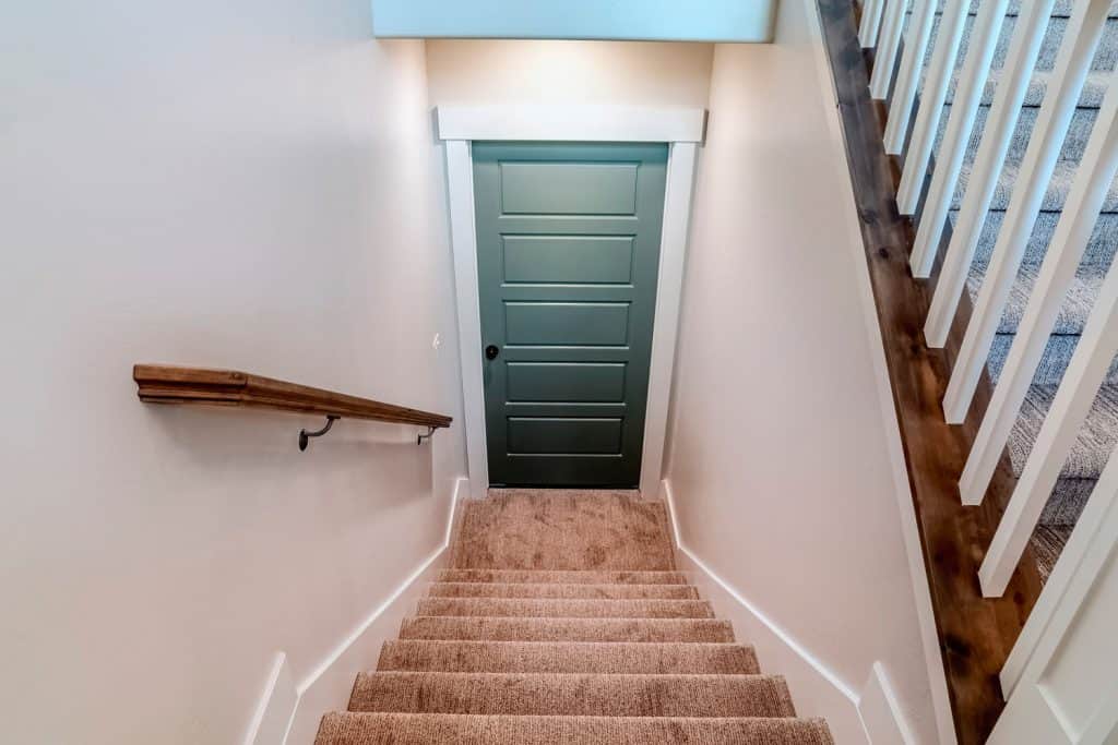 Carpeted stairs leading to the basement door painted in dark blue