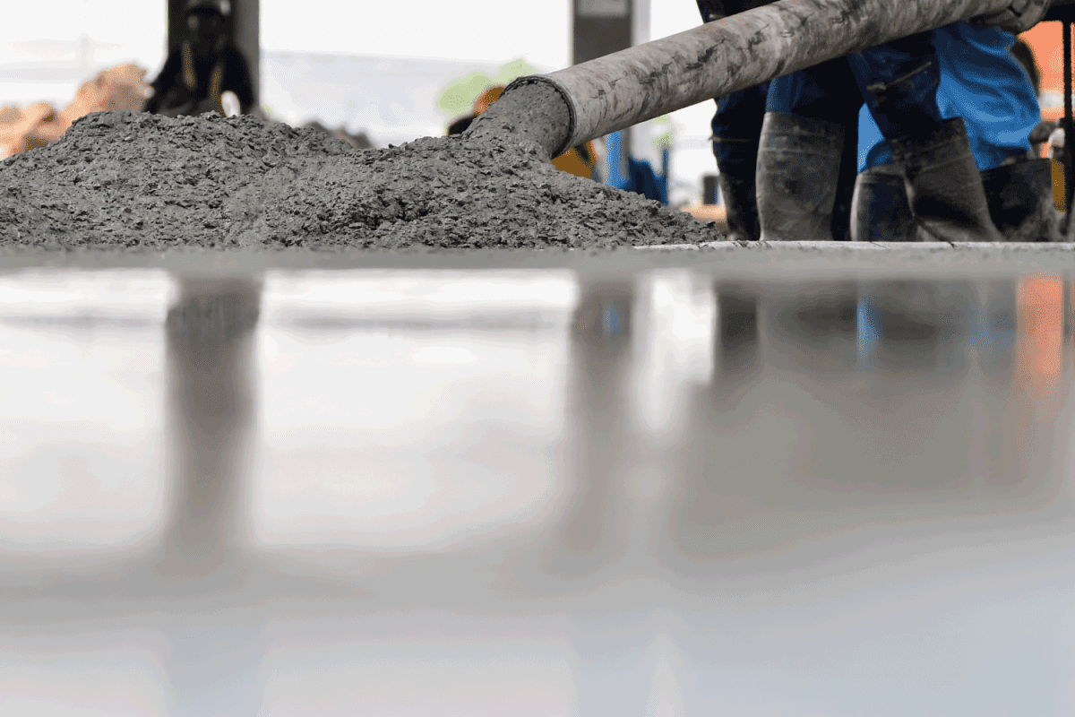 Construction worker Concrete pouring during commercial concreting floors of building in construction site