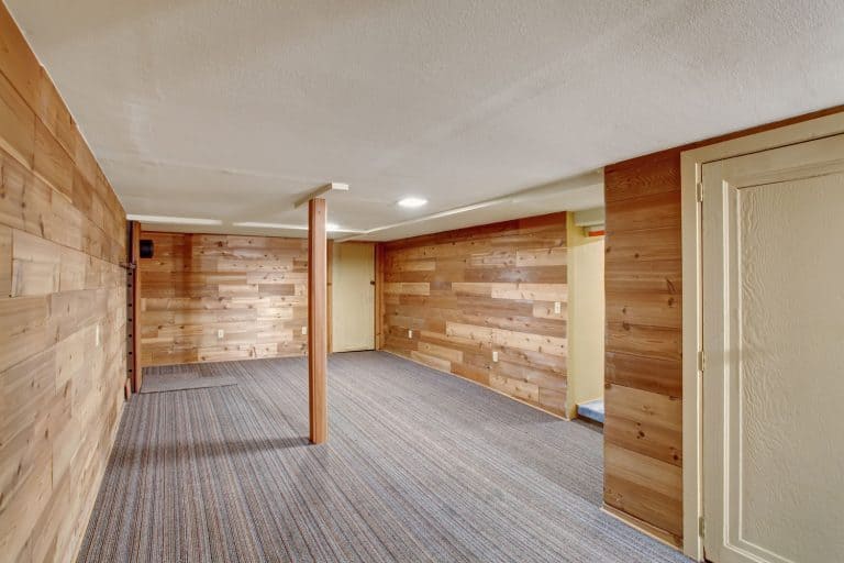 Modern rustic inspired basement with wooden plank cladding carpeted flooring and a post in the middle, What Color To Paint Exposed Basement Ceiling?