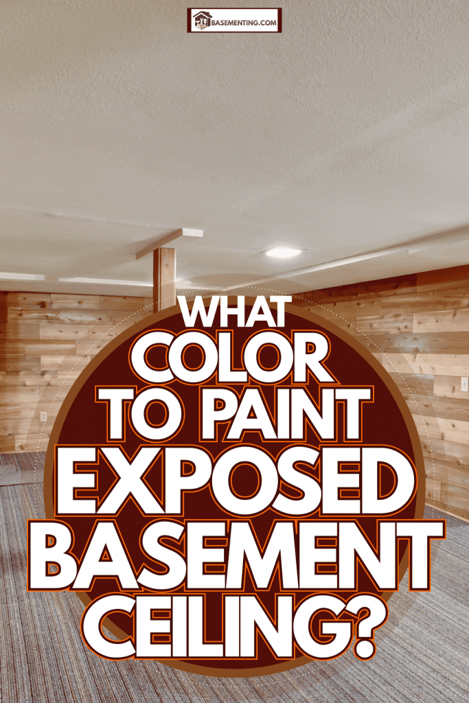 Modern rustic inspired basement with wooden plank cladding carpeted flooring and a post in the middle, What Color To Paint Exposed Basement Ceiling?