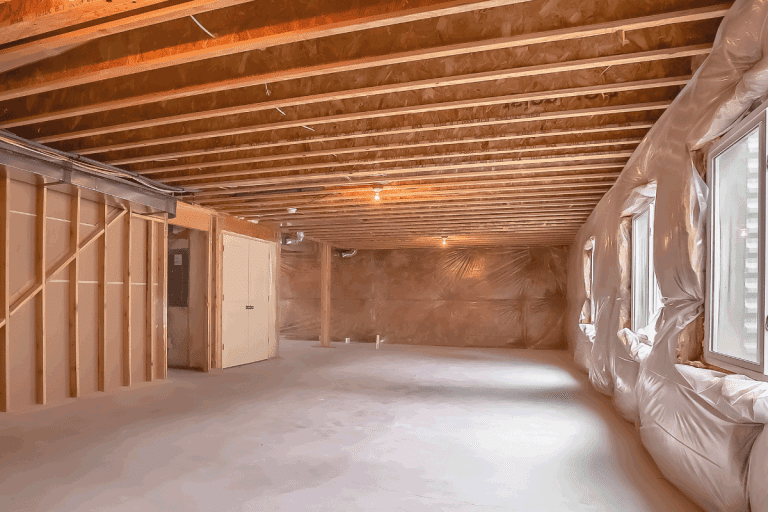 under construction basement. The windows are already installed while the unfinished walls are covered with plastic sheets. Is A Walkout Basement Considered Low-Grade