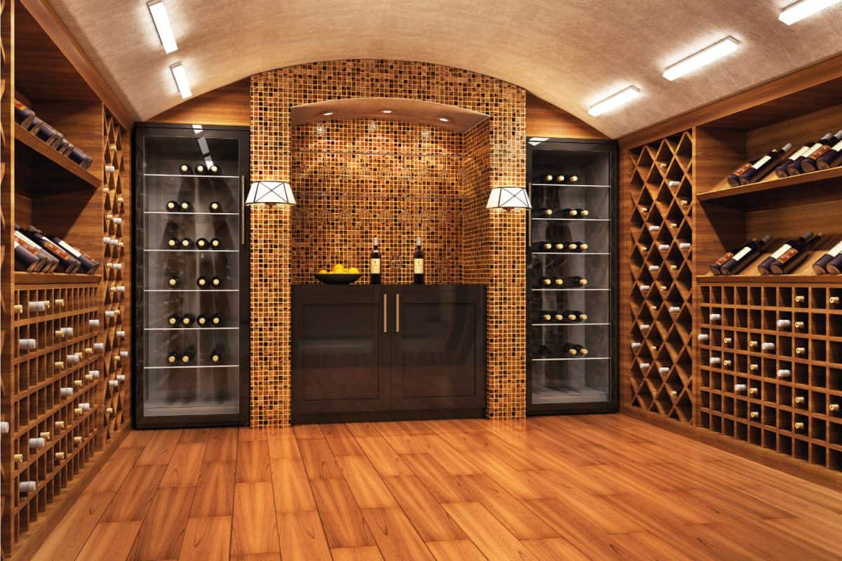 Bottles with wine in a modern wine vault
