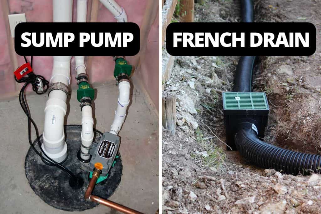 Collage of a Sump pump and French drain
