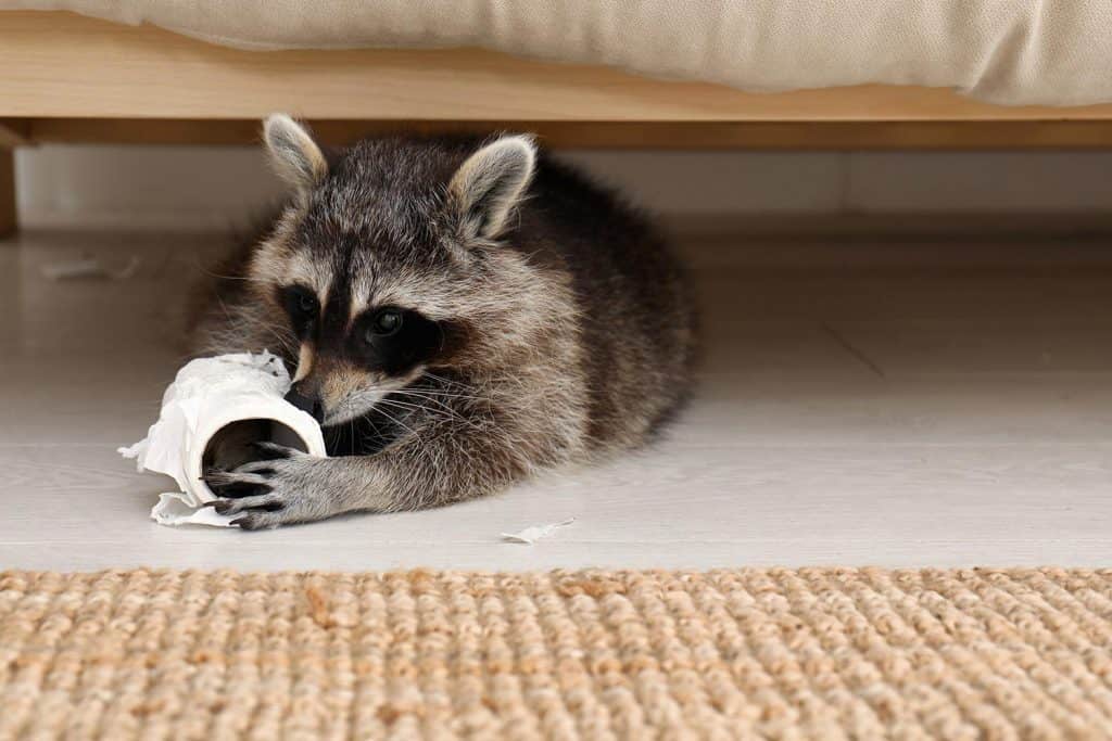 Cute mischievous raccoon playing with toilet paper on floor